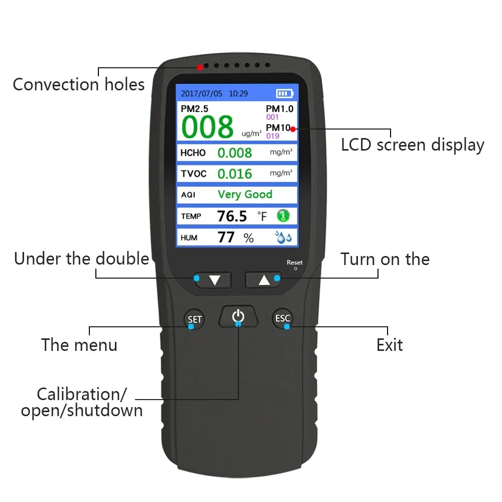 Portable 8-in-1 Smart Home Multi Gas Analysis Meter Handheld Dust Particle Detector for PM2.5 HCHO Formaldehyde Hotels Garages