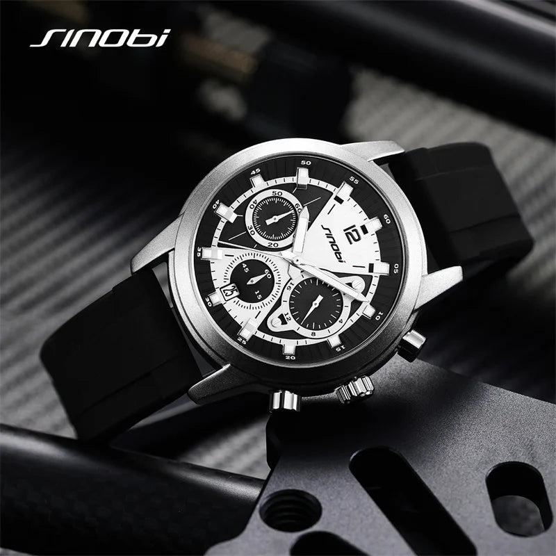 SINOBI Luxury Watch for Men Waterproof Luminous Date Chronograph Man Watch Sport Quartz Silicone Men's Watches With Box