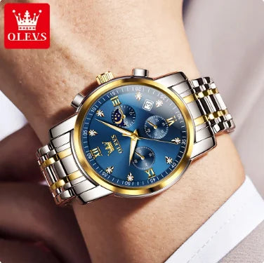 OLEVS 2858 Moon Phase Men's Watches Chic Top Original Quartz Wrist Clock Waterproof Chronograph Stainless Steel Watch for Men