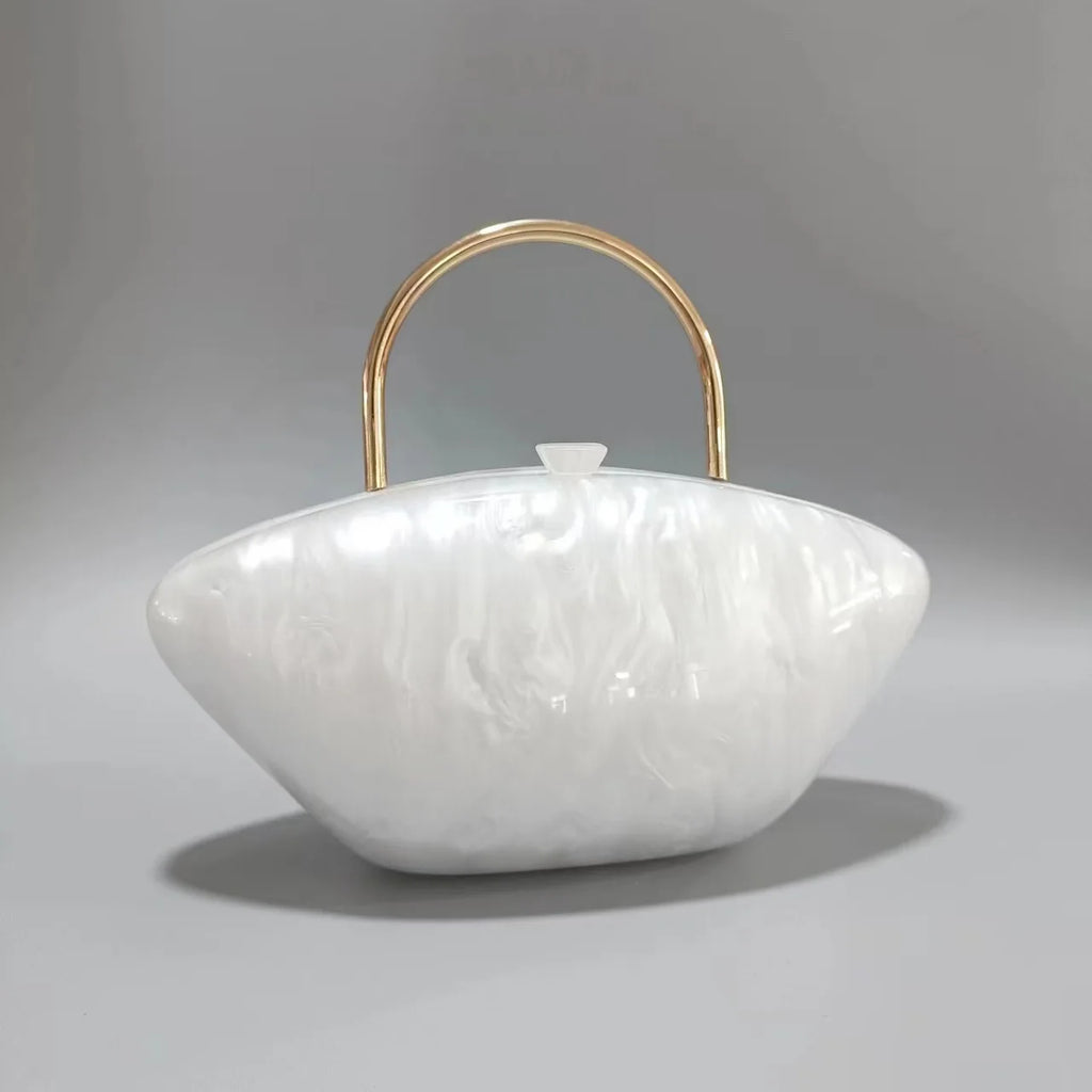 Women Handbags Acrylic Luxury Party Evening Bag Woman Metal Handle Box Clutch Purse Shell-Shaped Oval Wallets Sac a Main Femme