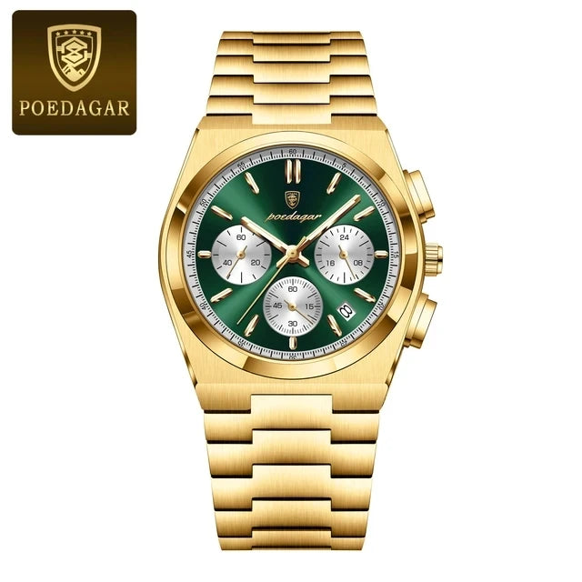 POEDAGAR 970 New Luxury Man Quartz Watch Sport Watch for Men Waterproof Luminous Date Chronograph Stainless Steel Men's Watches