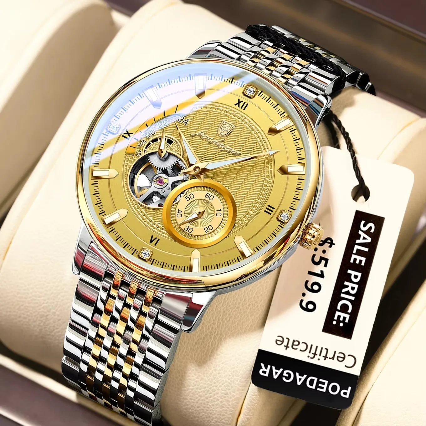 POEDAGAR 1416 New Luxury Man Watch Tourbillon Stainless Steel Men Waterproof Automatic Mechanical Hollow Out Men's Watches