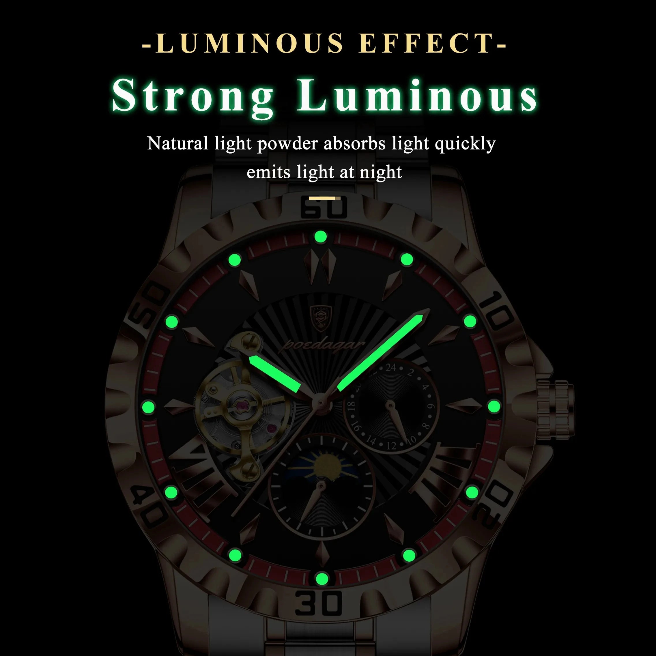 POEDAGAR 1415 Mechanical Watch Multi-functional Moon Phase Original Stainless Steel Automatic Luminous Waterproof Men's Watches