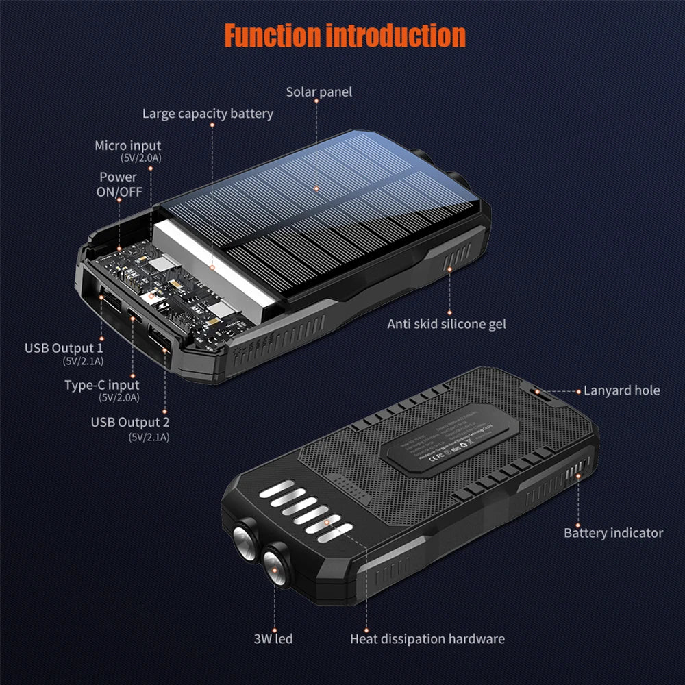 New Products 2025 Waterproof 25000mAh Outdoor Camping Hiking Rechargeable Battery Pack Charger Type-C Solar Power Bank 20000mAh