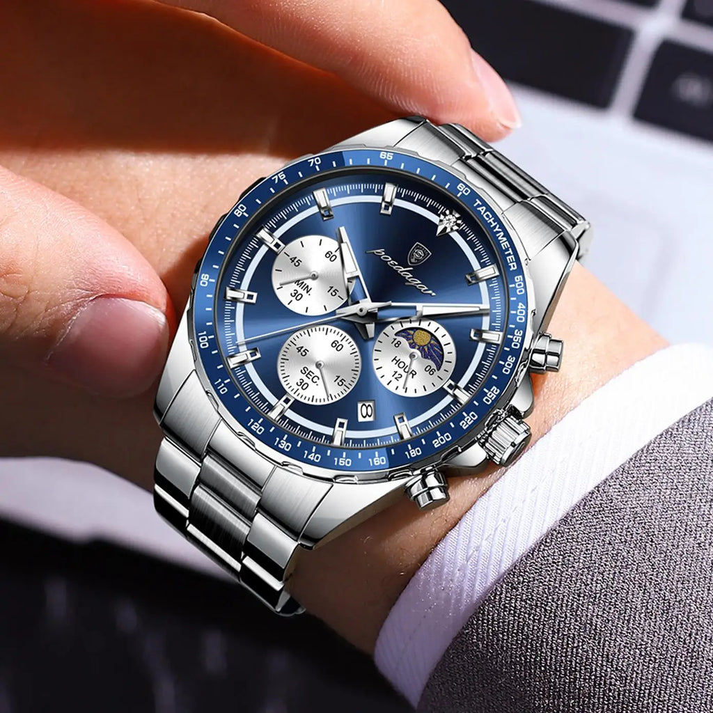 POEDAGAR 879 Original Watch Man Stainless Steel Quartz Men Clock Sports Waterproof Luminous Chronograph Date Reloj Men's Watches