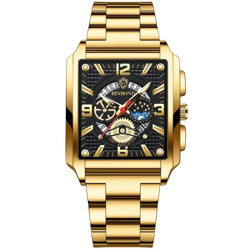 Binbond B6575 6575 Watch Stainless Steel Quartz Wrist Genuine Casual Square Waterproof Leather Belt Luminous Hands Men's Watches