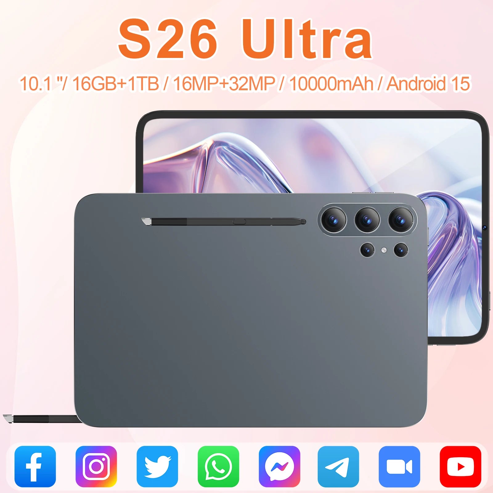 Imaging Flagship S26 Ultra Android 15 Tablet 16MP Front 32MP Rear Camera 10.1" 2.5K IPS Screen Snapdragon 8 Gen4 16GB+1TB PC