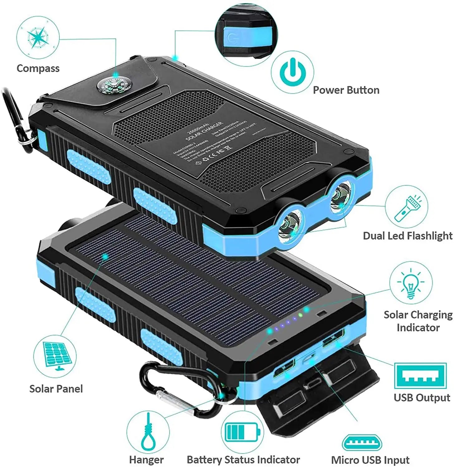 Hot Sales Portable 10000Mah 20000Mah Branded Battery Charger USB Type-C Ports Power Pack Outdoor Solar Power Bank