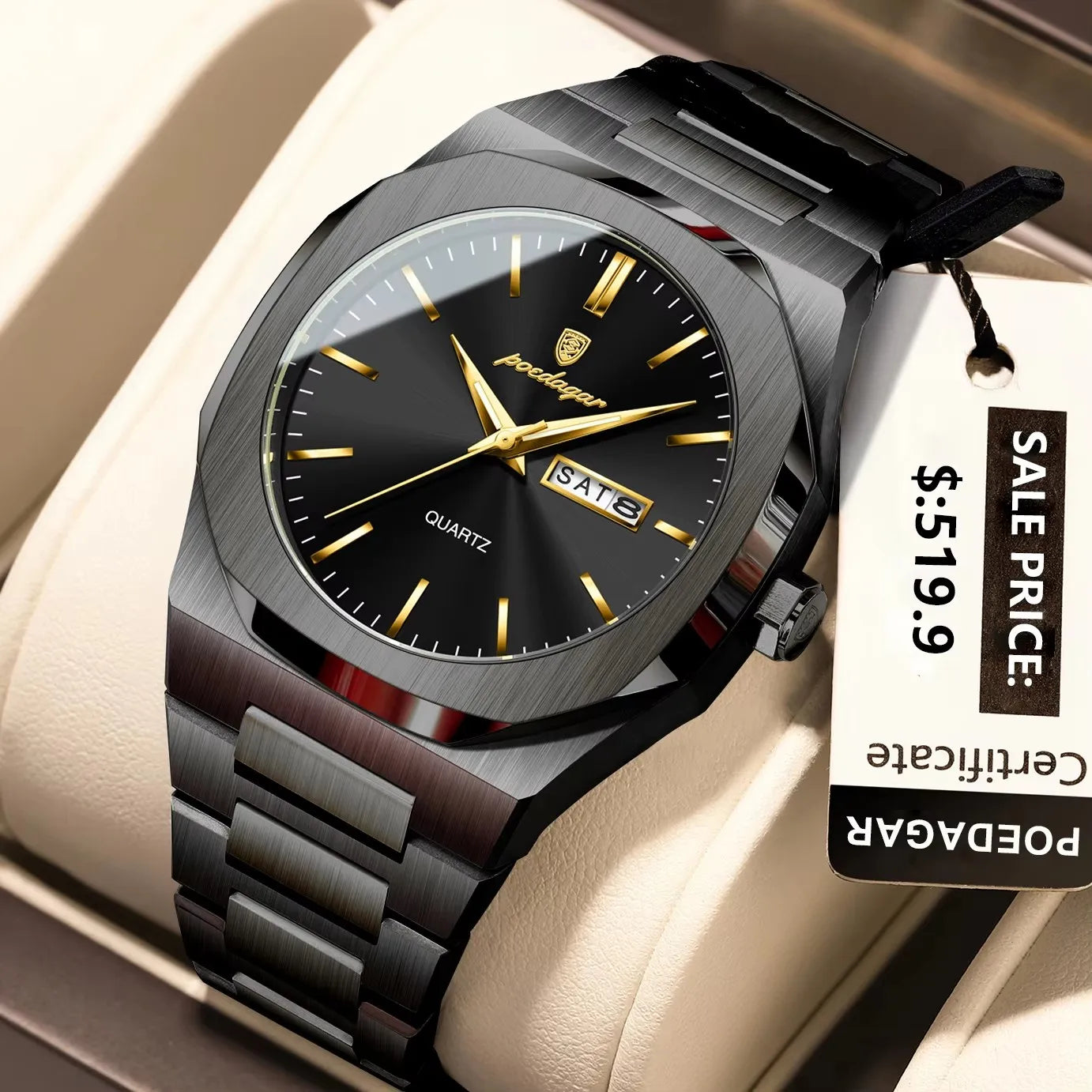 POEDAGAR 825 Men Waterproof Luminous Week Man Watch Quartz Men's Watches Luxury Casual Stainless Steel Fashion Sports Wristwatch