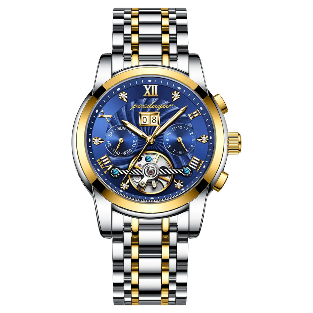 POEDAGAR 1408 Mechanical Men Wrist Watch Waterproof Luxury Hollow Tourbillon Automatic Date Stainless Steel Belt Men's Watches