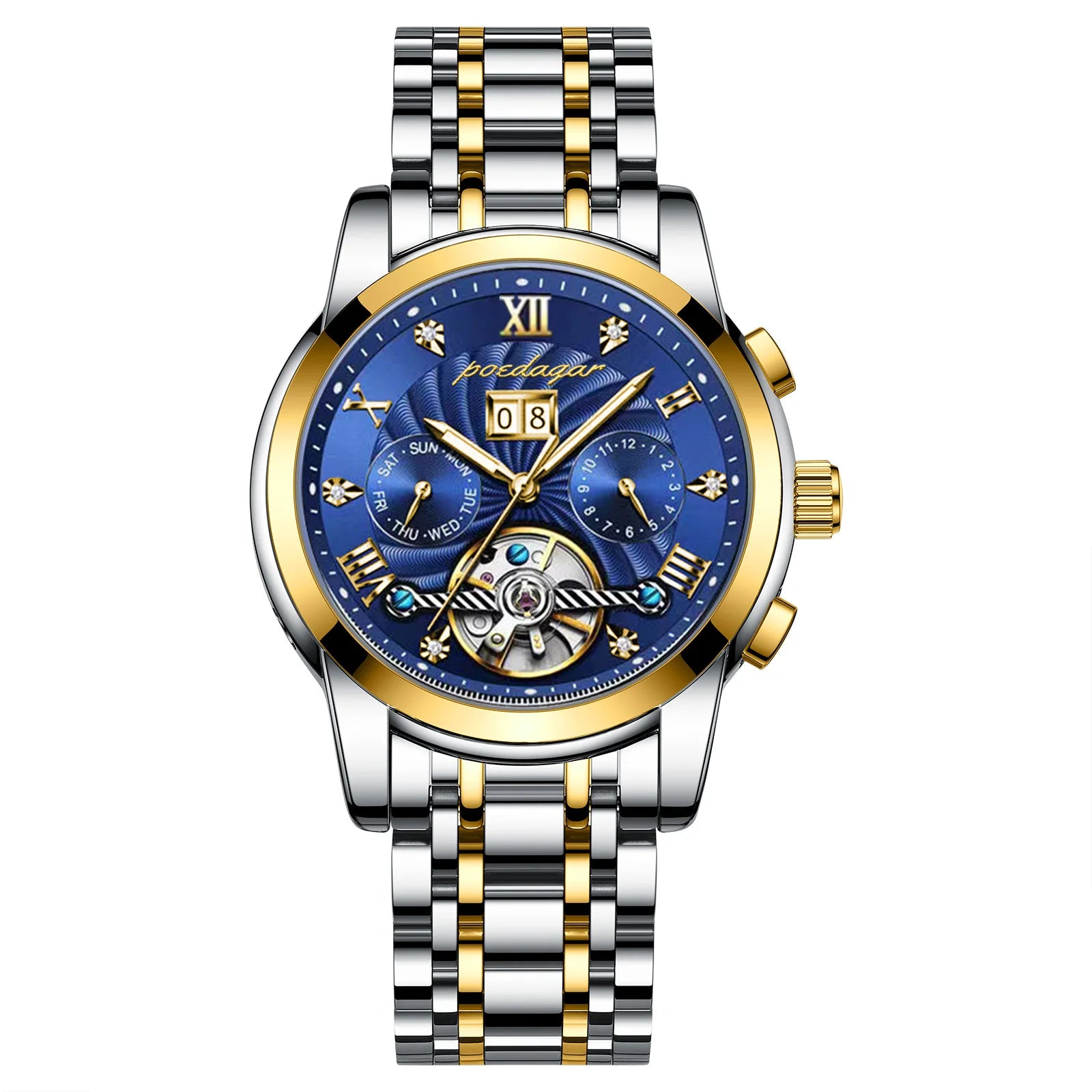POEDAGAR 1408 Mechanical Men Wrist Watch Waterproof Luxury Hollow Tourbillon Automatic Date Stainless Steel Belt Men's Watches