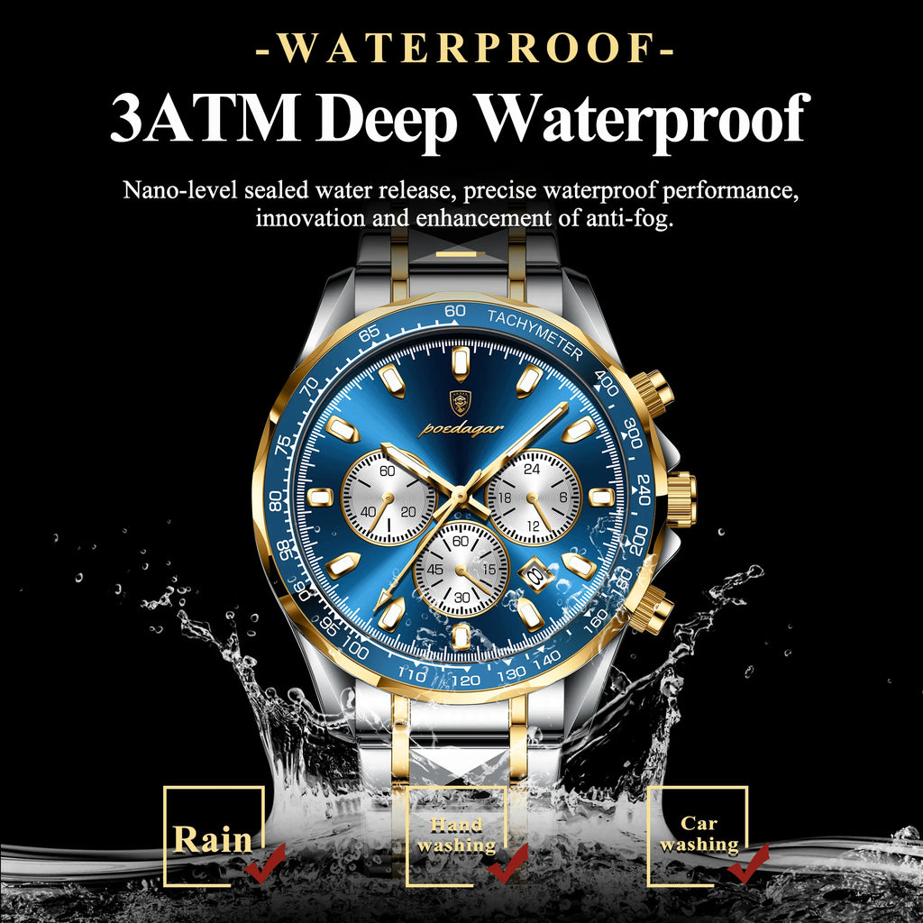 POEDAGAR Sports Watch Wrist Men Stainless Steel Quartz Watches Waterproof Luminous Date Chronograph Men's Watches Reloj Clock