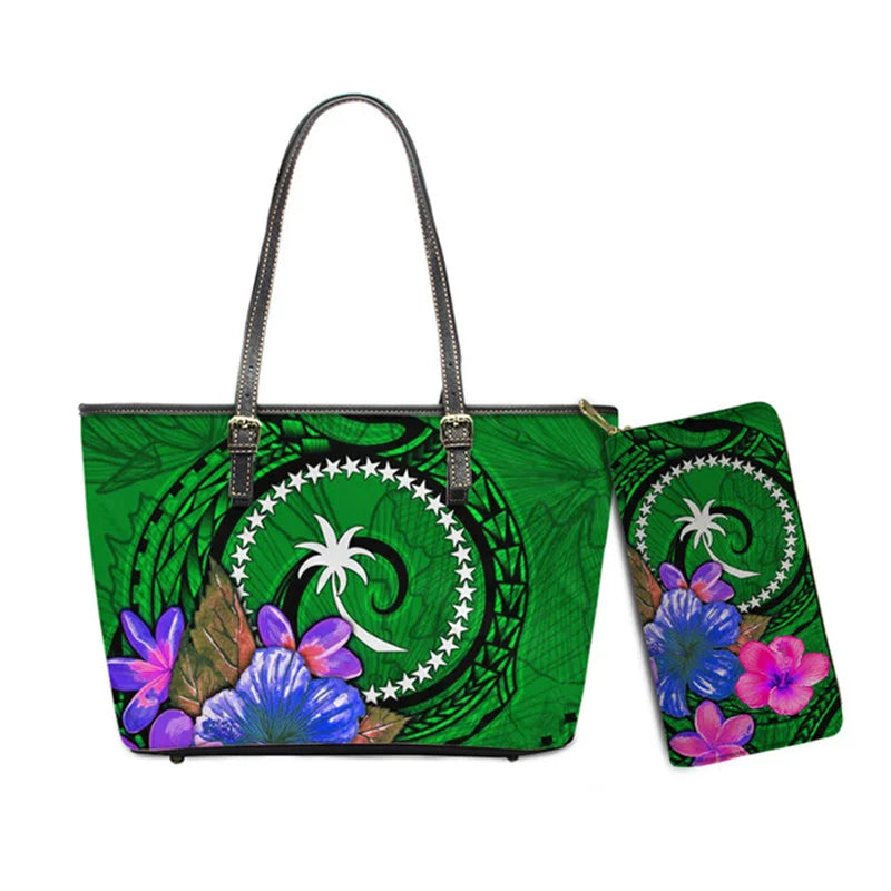 Hawaiian Flower Polynesian Design Print Women Handbags and Purses Set Customized Large Leather Tote Matching Long Zipper Wallet
