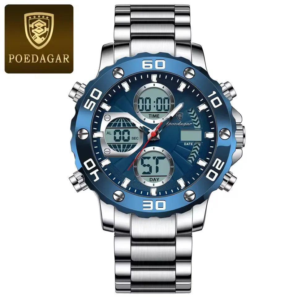 POEDAGAR Classic Men Clock Waterproof Luminous LED Date Week Chronograph Man Watch Dual Digital Display Quartz Men's Watches