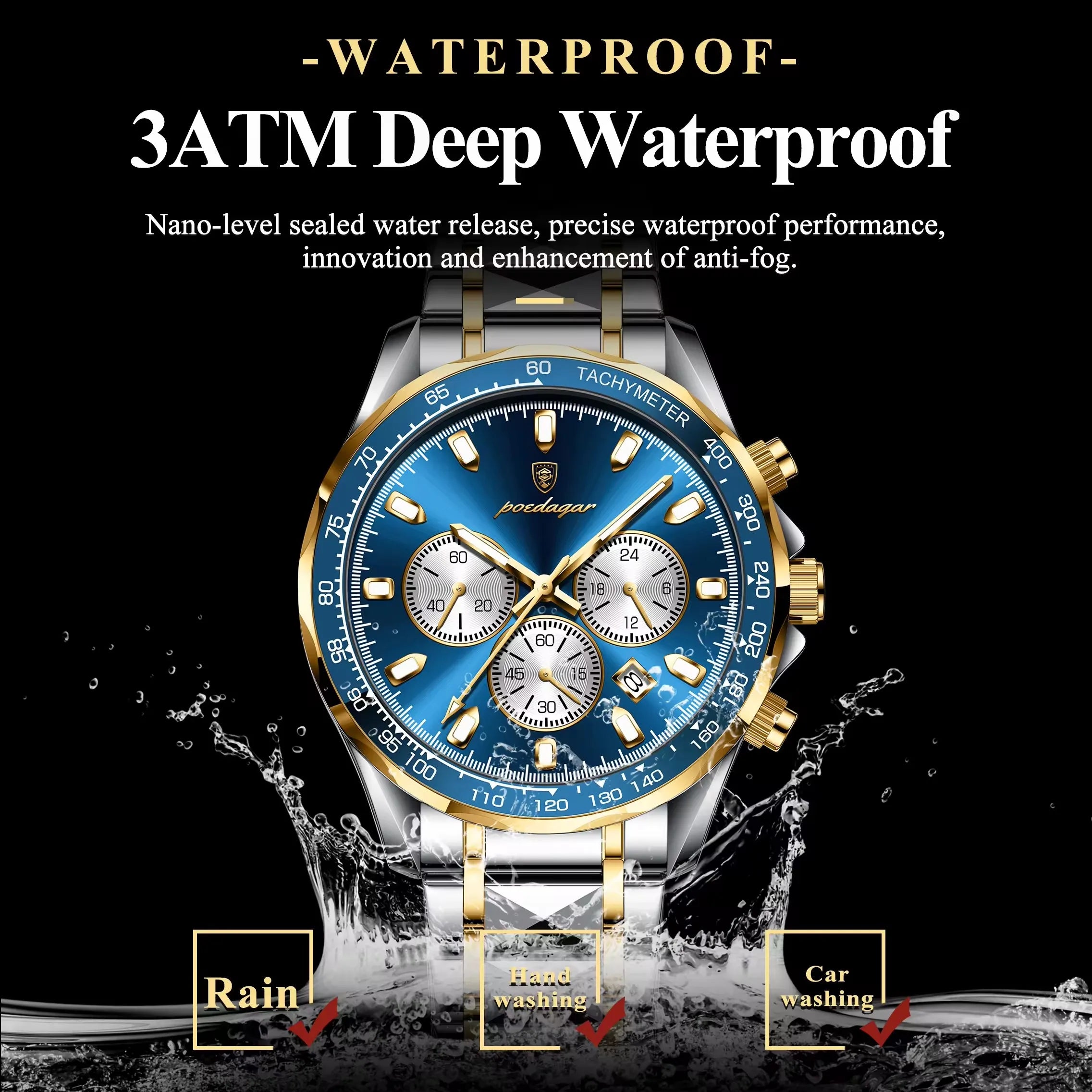 POEDAGAR 815 Sports Quartz Watches Men Stainless Steel Waterproof Calendar Watch Wrist Luminous Hands Men's Watches Reloj Clock