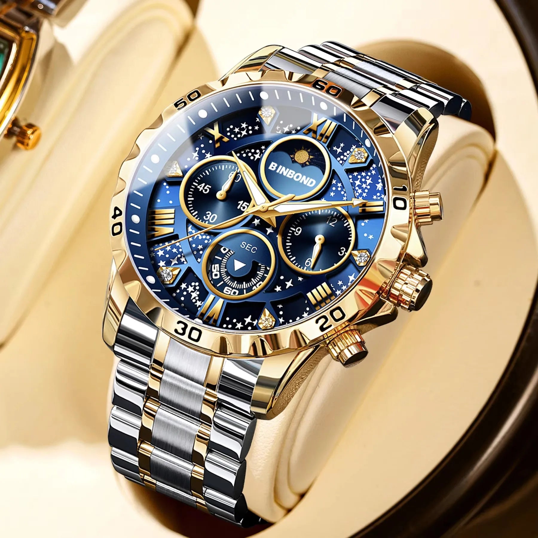 Binbond B7741 7741 Waterproof Luminous Chronograph Original Men Clock Sports Date Stainless Steel Quartz Men's Watches Reloj
