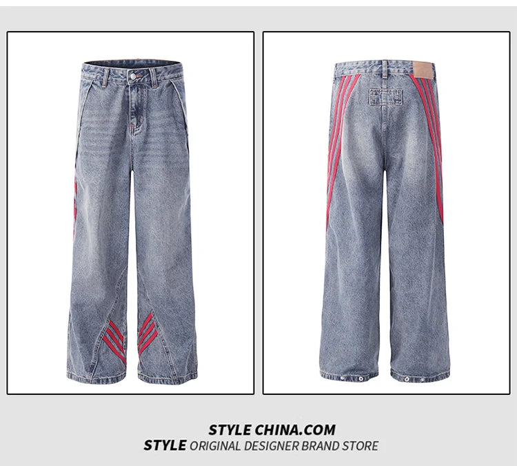 Men Striped Cargo Blue Jeans Men's  Fashion Loose Designer Straight Leg Casual Pants Stone Wash Wide-leg Jeans for Men