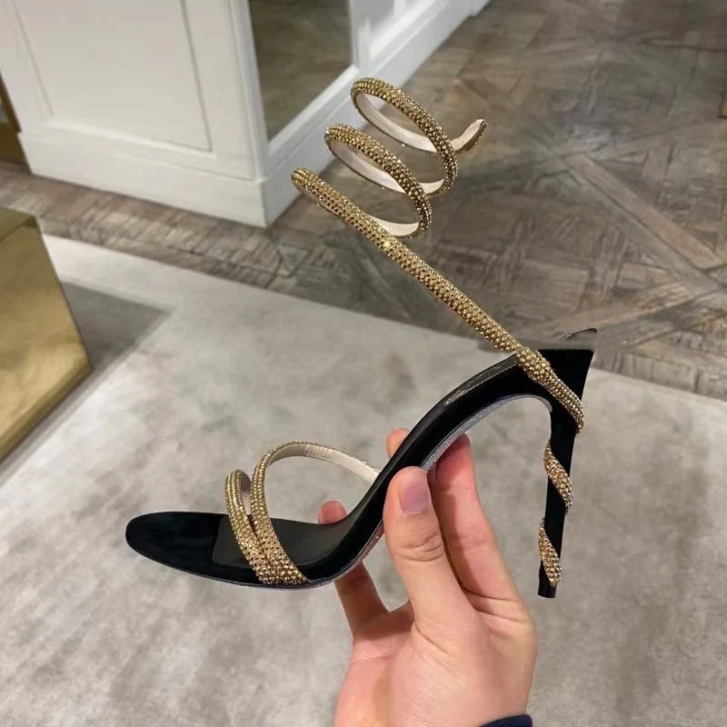 Rome Open Toe Woman Sandals Sexy Thin High Heels Fashionable Snake Straps Breathable Ankle-Style Party Prom Shoes for Wedding