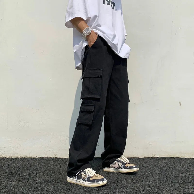 ANSZKTN Cargo Pants Men's Casual Pants Summer High Street Loose Retro Black Drawstring Tie Foot Pants