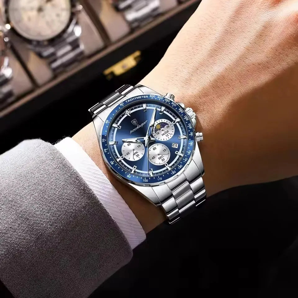POEDAGAR 879 Chronograph Date Man Quartz Men's Watches Stainless Steel Original Men Clock Sports Watch Waterproof Luminous Reloj