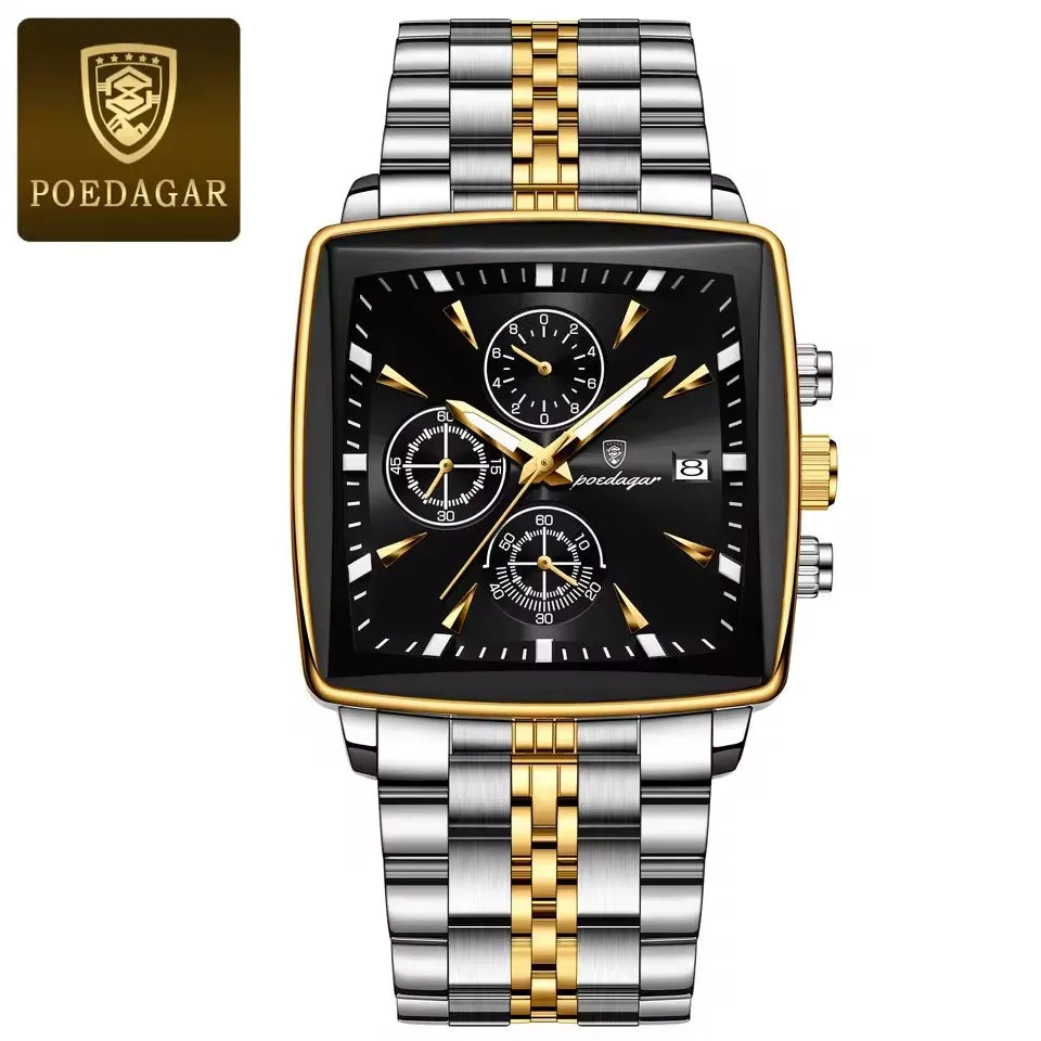 POEDAGAR 866 Fashion Square Sport Man Wristwatch Waterproof Luminous Chronograph Quartz Men's Watches Stainless Steel Men Watch