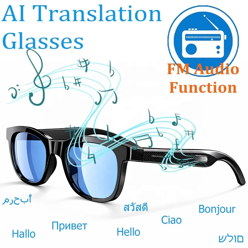 F09 AI Translation Glasses FM Radio + Wireless Connectivity Smart Glasses with Stereo Speakers to Broadcast Translation Results