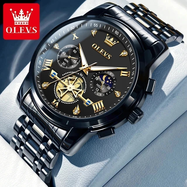 OLEVS Luxury Men's Watches Classic Roman Scale Flywheel Moon Phase Waterproof Quartz Watch for Men Classic 2856 Chronograph