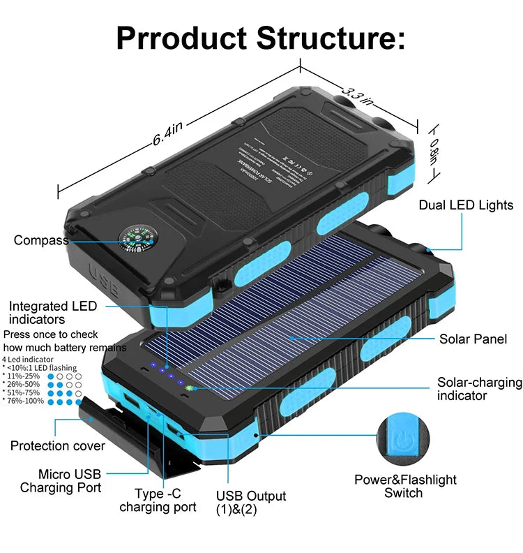 Best Seller Solar Power Bank Type-c 30000mah Dual Usb Solar Panel Phone Charger Outdoor Waterproof Portable Power Station