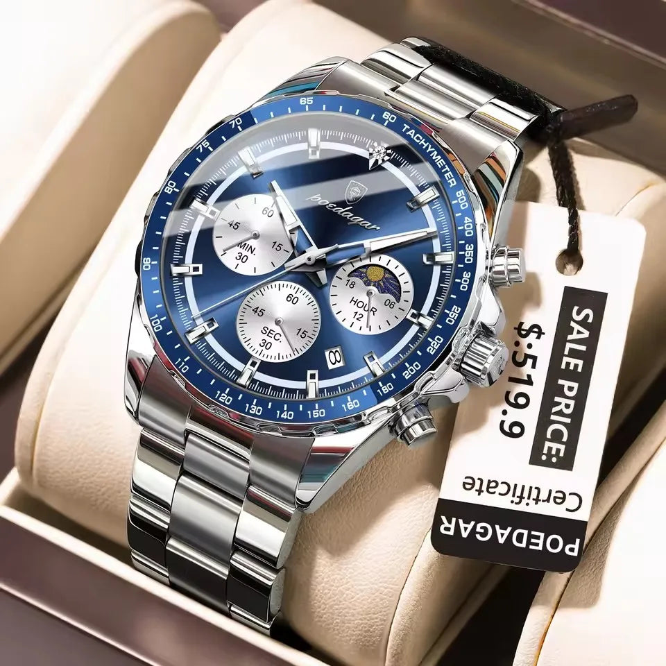 POEDAGAR 879 Stainless Steel Original Men Clock Sports Watch Waterproof Luminous Chronograph Date Man Quartz Men's Watches Reloj