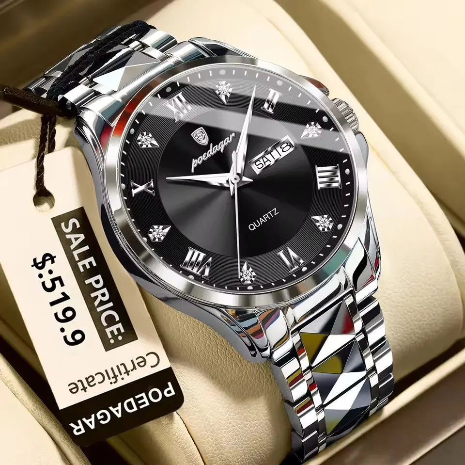 POEDAGAR 883 Date Week Man Wristwatch Stainless Steel Belt Fashion Men Clock Waterproof Luminous Quartz Men's Watches Male Reloj