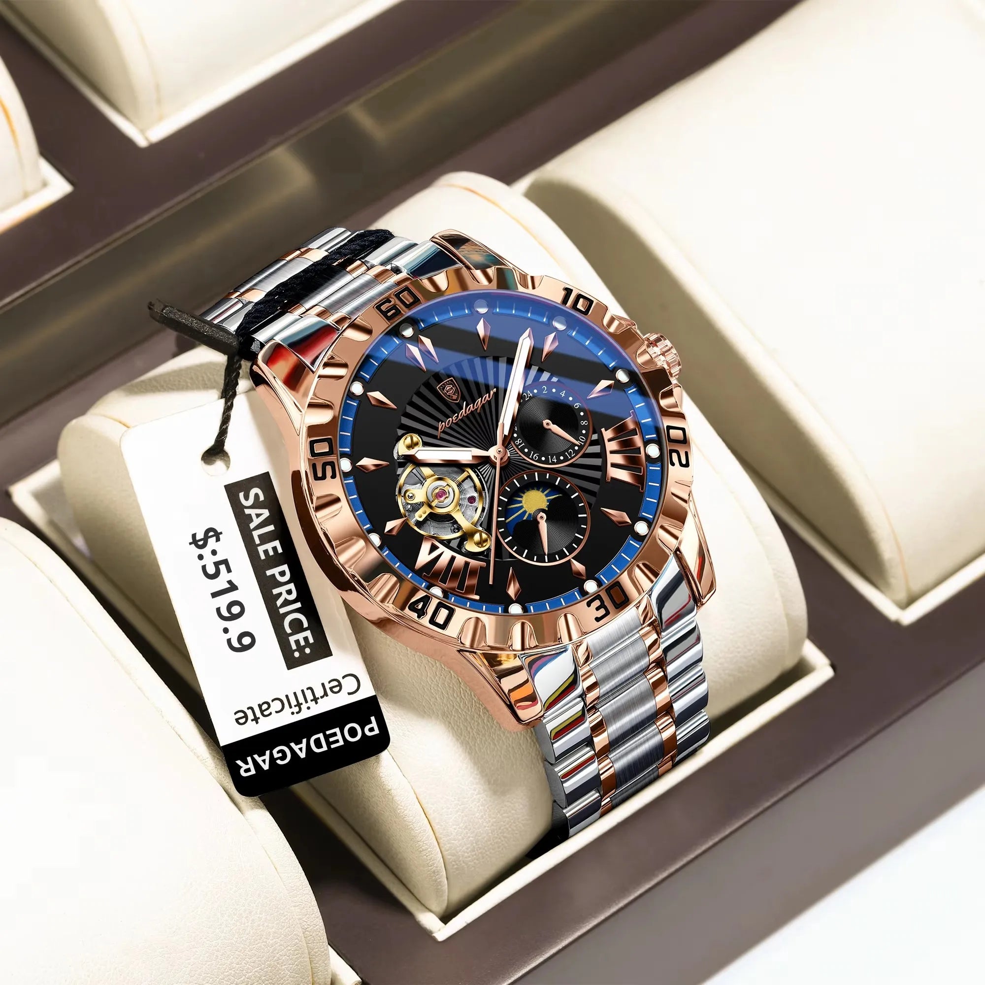POEDAGAR 1415 Automatic Mechanical Man Watch Waterproof Luxury Men Hollow Out Tourbillon Luminous Stainless Steel Men's Watches