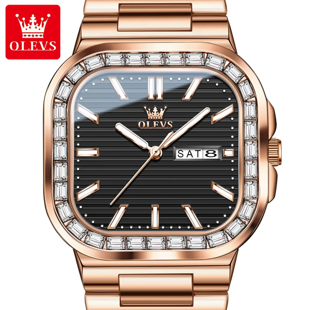 OLEVS 9966 Men's Watches Square Shape Stainless Steel Strap Diamond Calendar Dial Elegant Luxury Wristwatch for Men