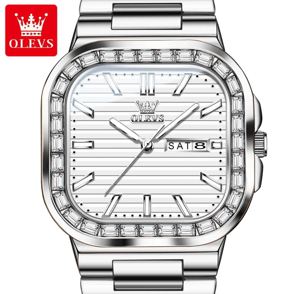 OLEVS 9966 Men's Watches Square Shape Stainless Steel Strap Diamond Calendar Dial Elegant Luxury Wristwatch for Men