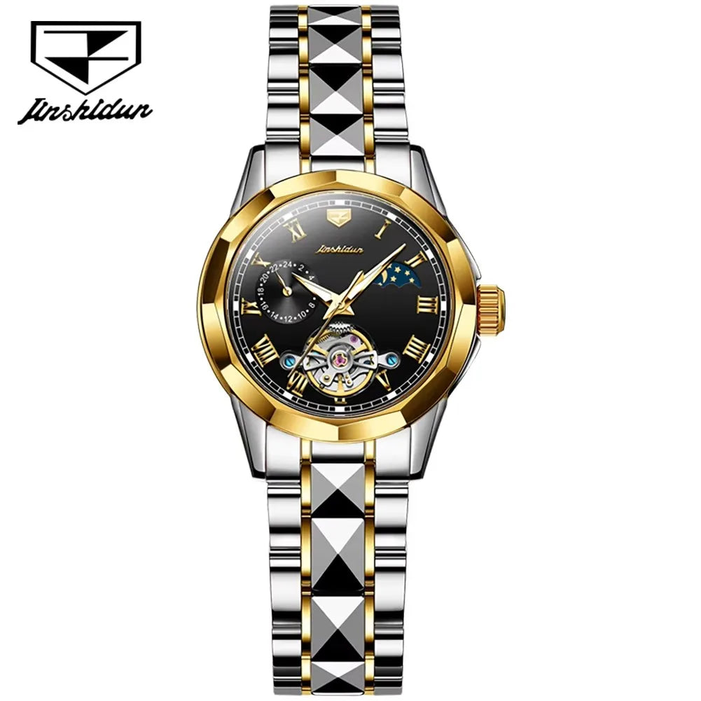 Jsdun 8937 Tungsten and Stainless Steel Wristwatch Moon Phase Automatic Movement Fashion Mechanical Watch Ladies Women's Watches