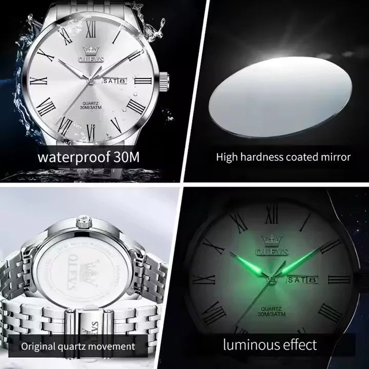 OLEVS 3633 Men's Watches Stainless Steel Business Quartz Watch for Man Waterproof Luminous Dual Calendar Display Wristwatch