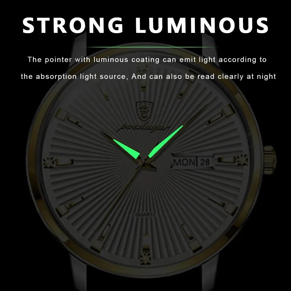 Luxury POEDAGAR 994 Men Watch Business Men's Watches Waterproof Luminous Day Week Stainless Steel Quartz Wristwatches Man Reloj