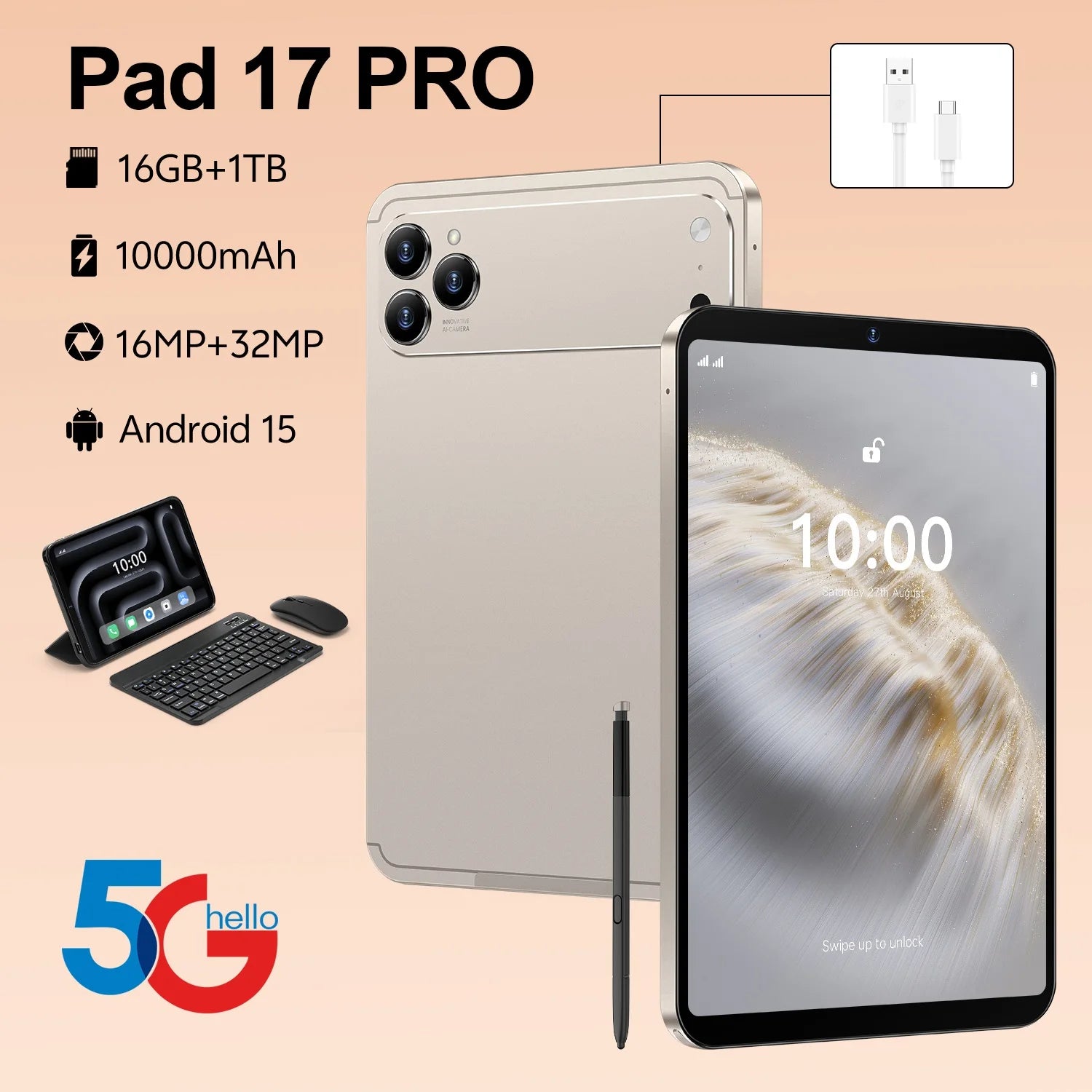 New Pad 17 Pro Educational Tablet PC 10.1" 2560x1600 Capacitive Screen 16GB Storage 5G/4G/3G/Wi-Fi Android 15 Dual Core 1.5GHz