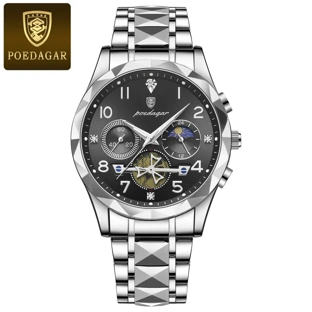 POEDAGAR 972 New Sports Watch Men Stainless Steel Man Quartz Wristwatch Waterproof Luminous Chronograph Men's Watches