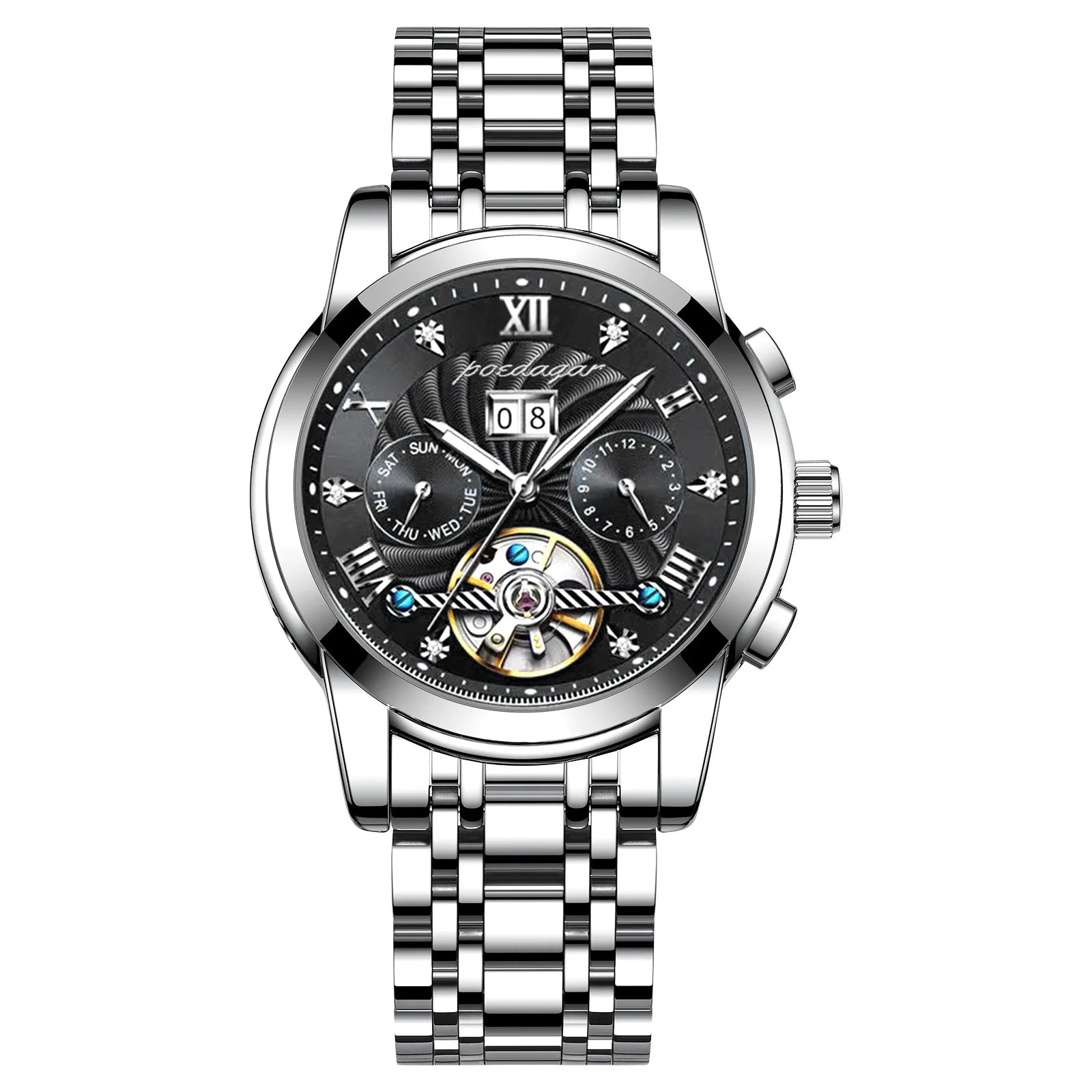 POEDAGAR 1408 Waterproof Date Stainless Steel Belt Men's Watches Luxury Hollow Tourbillon Automatic Mechanical Men Wrist Watch