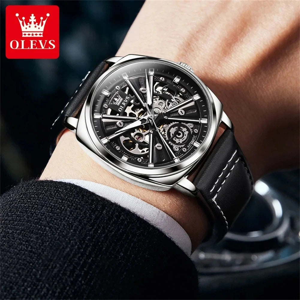 2024 OLEVS 6685 Automatic Men's Watches Hollow Out Style Automatic Mechanical Wristwatch Waterproof Luminous Leather Men's Watch