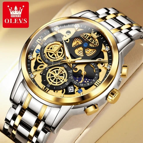 OLEVS 9947 Men's Watches Top Brand Chic Original Waterproof Quartz Watch for Man Gold Skeleton Style 24 Hour Day Night Clock