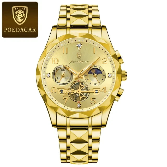 POEDAGAR Watch for Men 972 Luxury Steel Band Man Quartz Wrist Watch Waterproof Luminous Chronograph Men's Watches Reloj Clock