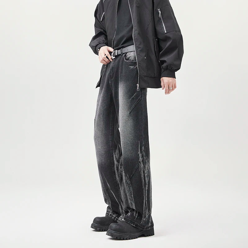 High Street Vintage Stone Wash Niche Fashion Tie-dye Loose Wide Leg Vertical Casual Pants Straight Leg Custom Designer Men Jeans