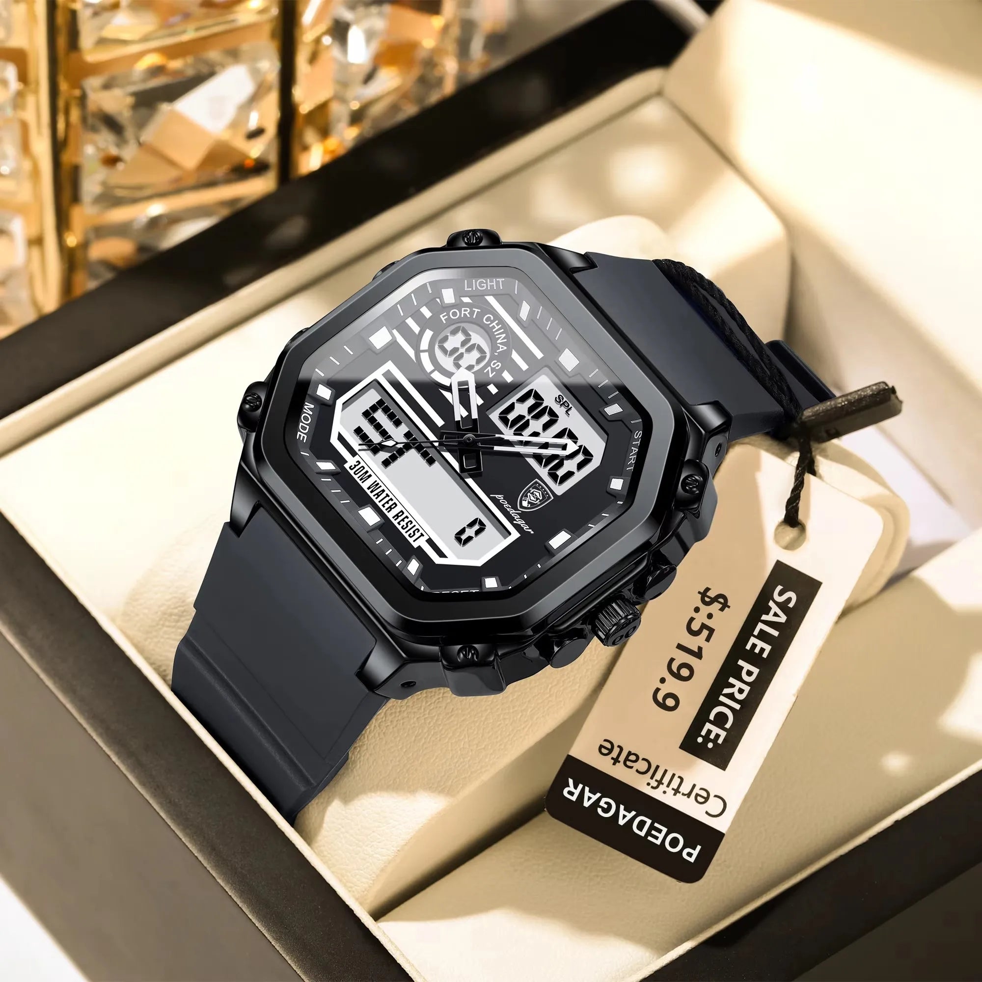 POEDAGAR 993 Sports LED Men Watch Waterproof Luminous Week Date Square Wristwatch Silicone Strap Electronic Quartz Men's Watches