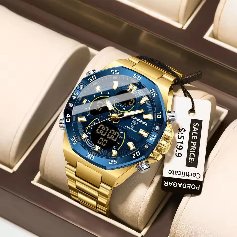 POEDAGAR E101 Stainless Steel Belt Dual Display Brand Fashion Men's Watches Multi Functional Luxury Quartz Digital Watch for Men