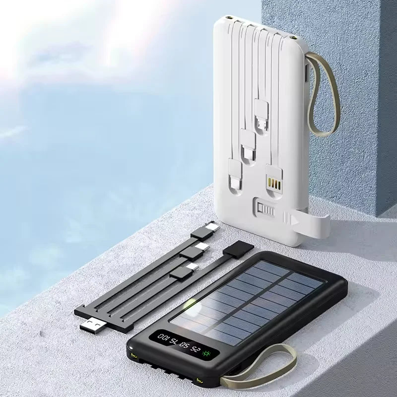 Lanyard Design Comes with Mobile Phone Holder 2USB Output 1 to 4 Output Charging Cable 20000 MAh Solar Power Bank