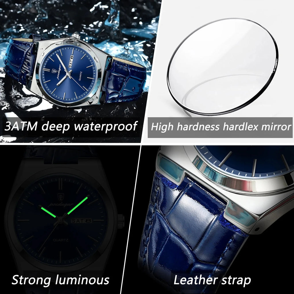 POEDAGAR 930 Luxury Watch for Man Waterproof Luminous Date Week Leather Men Watch Casual Quartz Men's Watches Male Clock