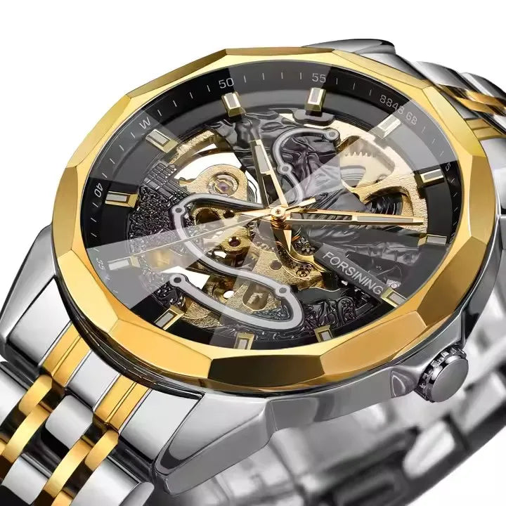 FORSINING Gold Mechanical Watches Waterproof Skeleton Automatic Movement Watch for Men Luxury Stainless Steel Men's Watches