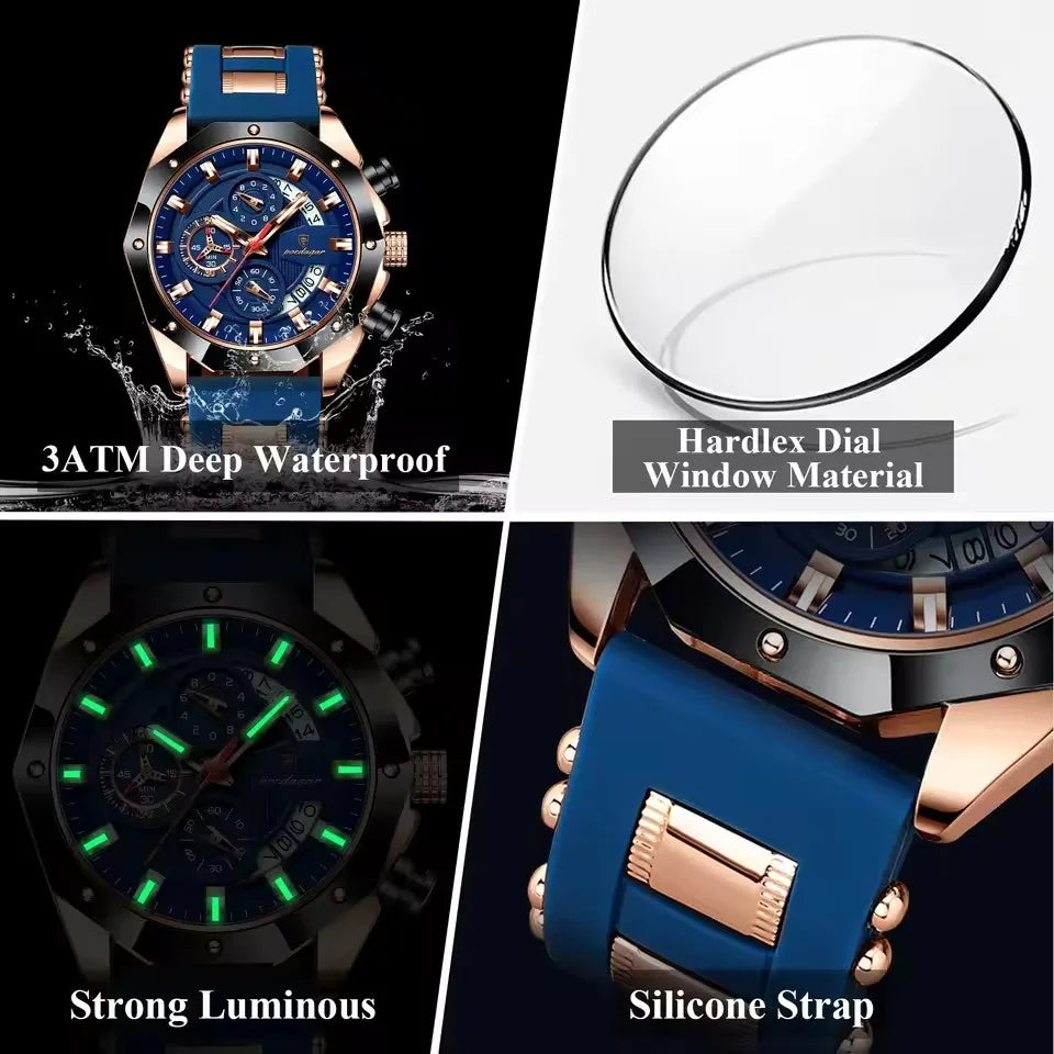 POEDAGAR 913 Luxury Men Watch Waterproof Luminous Date Sport Man Wristwatch Chronograph Silicone Strap Quartz Men's Watches