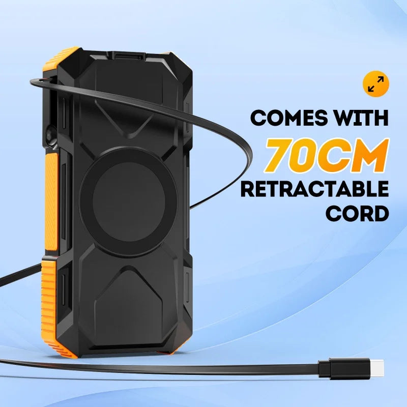 USA Stock Retractable USB C Cable Solar Power Bank 30000mAh 20000mAh Portable Battery Fast Charging Magnetic Wireless Charger